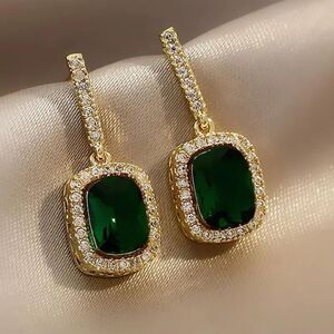 Glamorous Faux Gold & Emerald Diamond Drop Statement Earrings